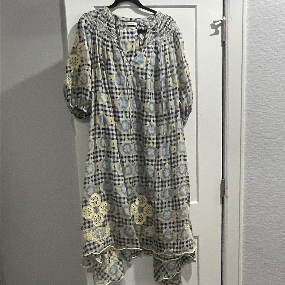 Yellow and Blue Floral Gingham High-Low Dress